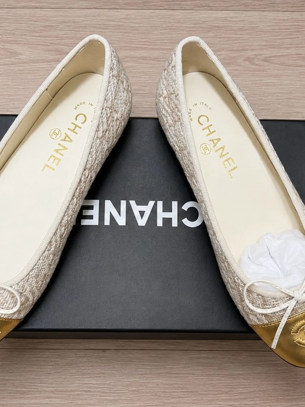 CHANEL Ivory Woven Ballet Flats with Gold Cap Toe